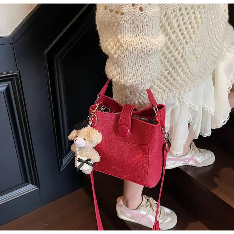 Women's Brown Leather Crossbody Bag with Teddy Bear Keychain — feature 40