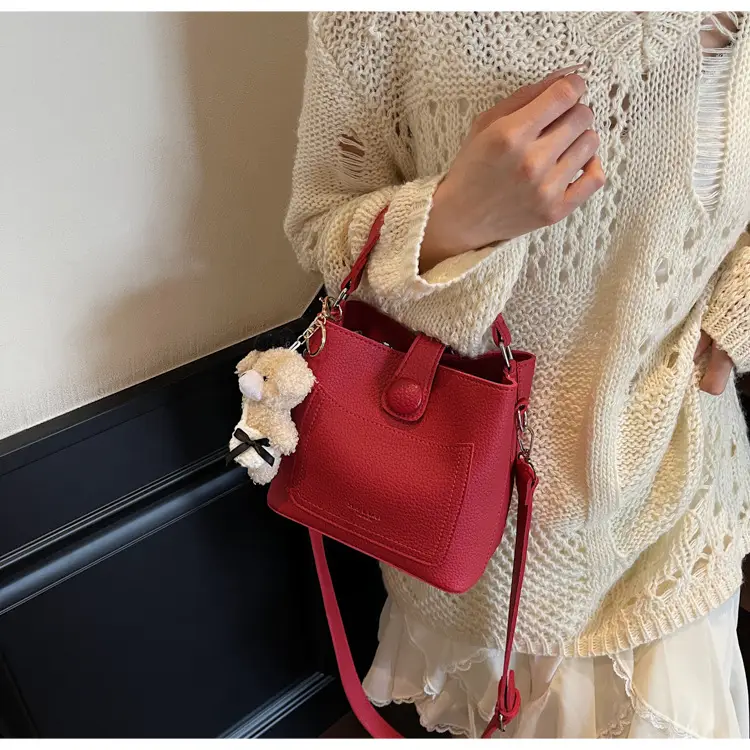 Women's Brown Leather Crossbody Bag with Teddy Bear Keychain — feature 41
