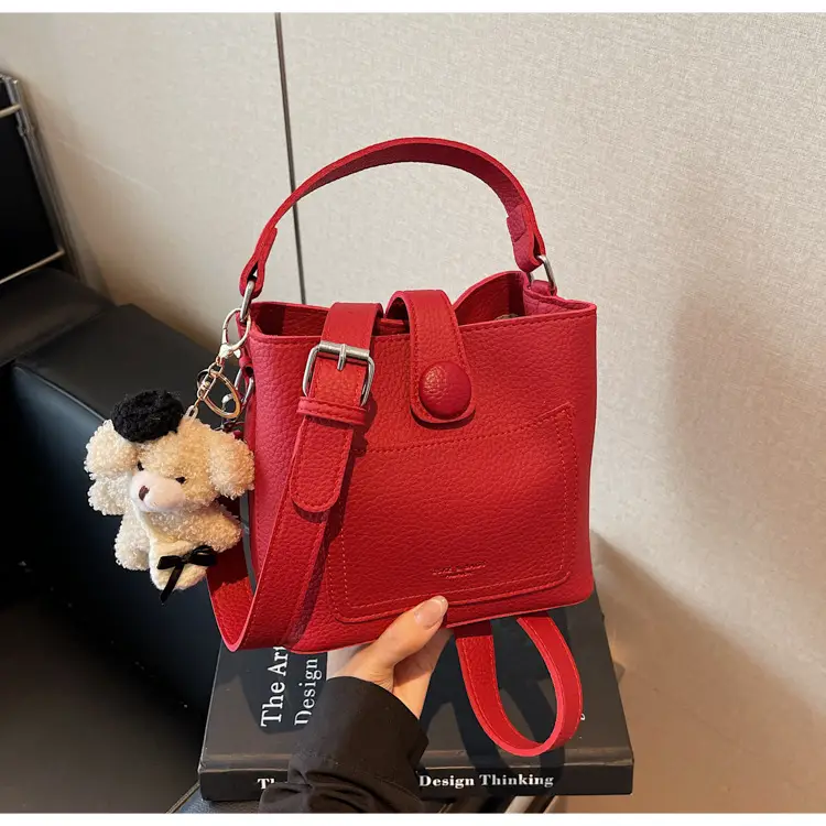 Women's Brown Leather Crossbody Bag with Teddy Bear Keychain — feature 42
