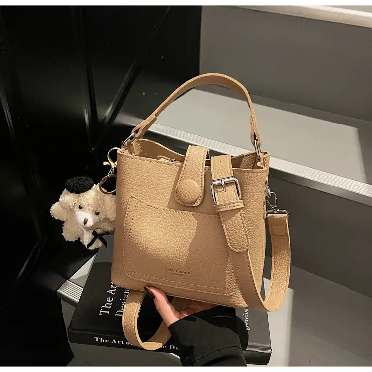 Women's Brown Leather Crossbody Bag with Teddy Bear Keychain — feature 43