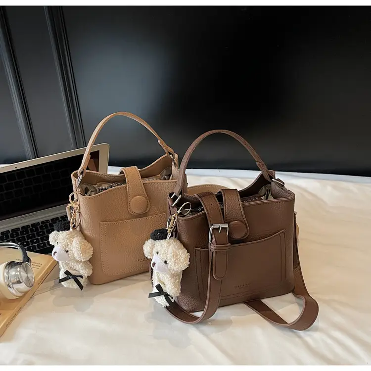 Women's Brown Leather Crossbody Bag with Teddy Bear Keychain — feature 44