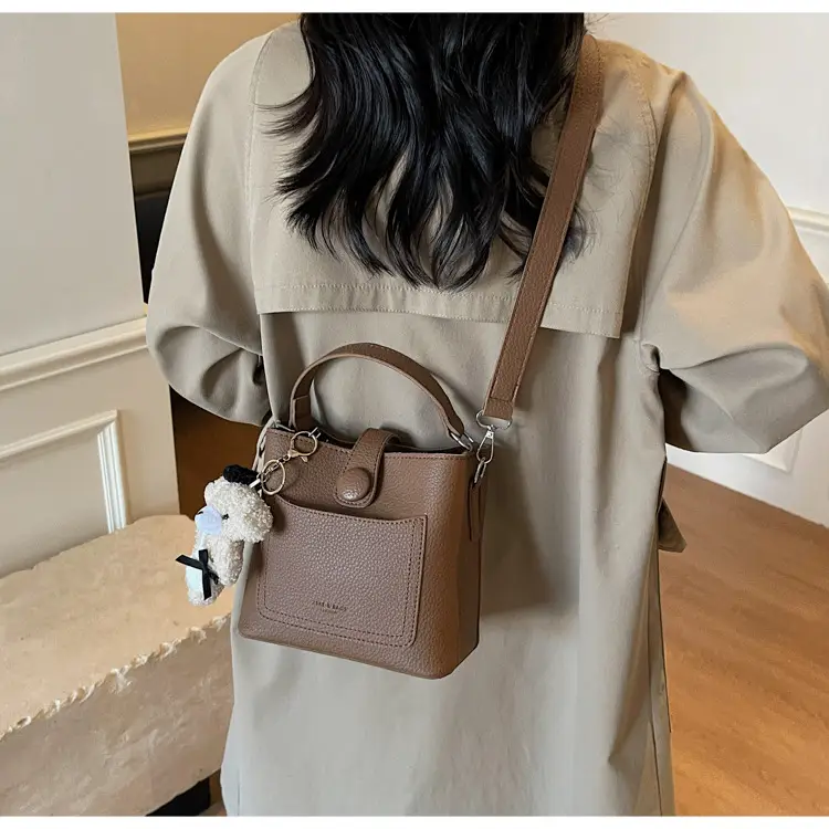 Women's Brown Leather Crossbody Bag with Teddy Bear Keychain — feature 46