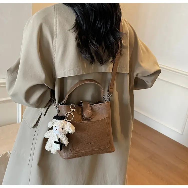 Women's Brown Leather Crossbody Bag with Teddy Bear Keychain — feature 47