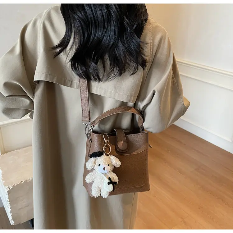 Women's Brown Leather Crossbody Bag with Teddy Bear Keychain — feature 48
