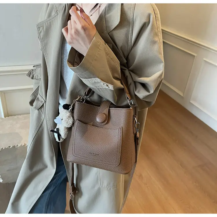 Women's Brown Leather Crossbody Bag with Teddy Bear Keychain — feature 49