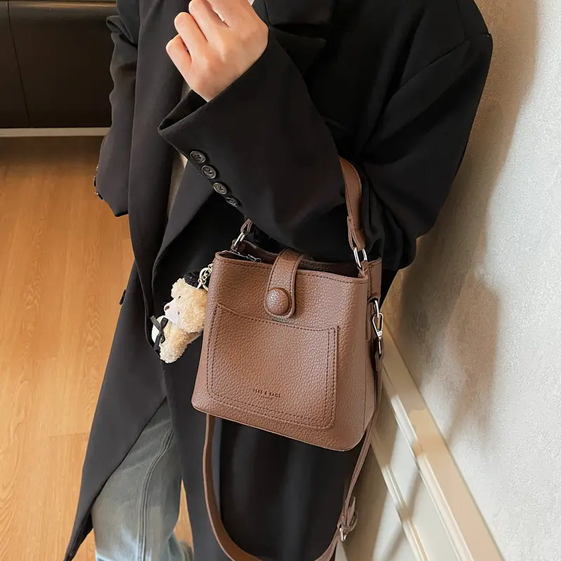 Women's Brown Leather Crossbody Bag with Teddy Bear Keychain - Image 2
