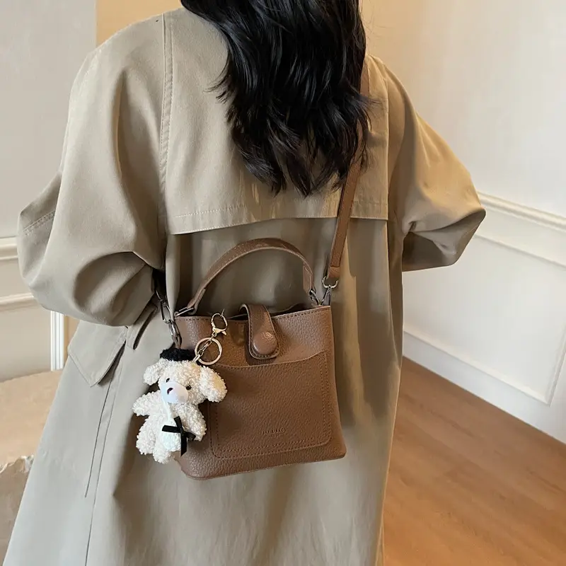 Women's Brown Leather Crossbody Bag with Teddy Bear Keychain - Image 3