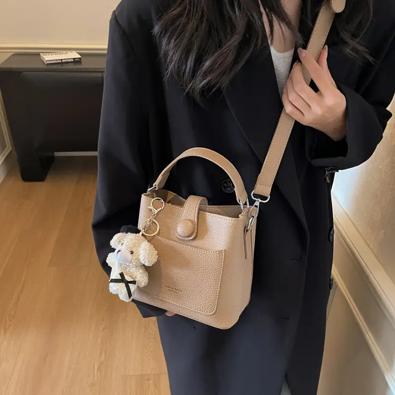 Women's Brown Leather Crossbody Bag with Teddy Bear Keychain - Image 4