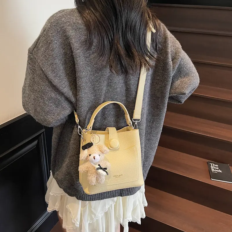 Women's Brown Leather Crossbody Bag with Teddy Bear Keychain - Image 5