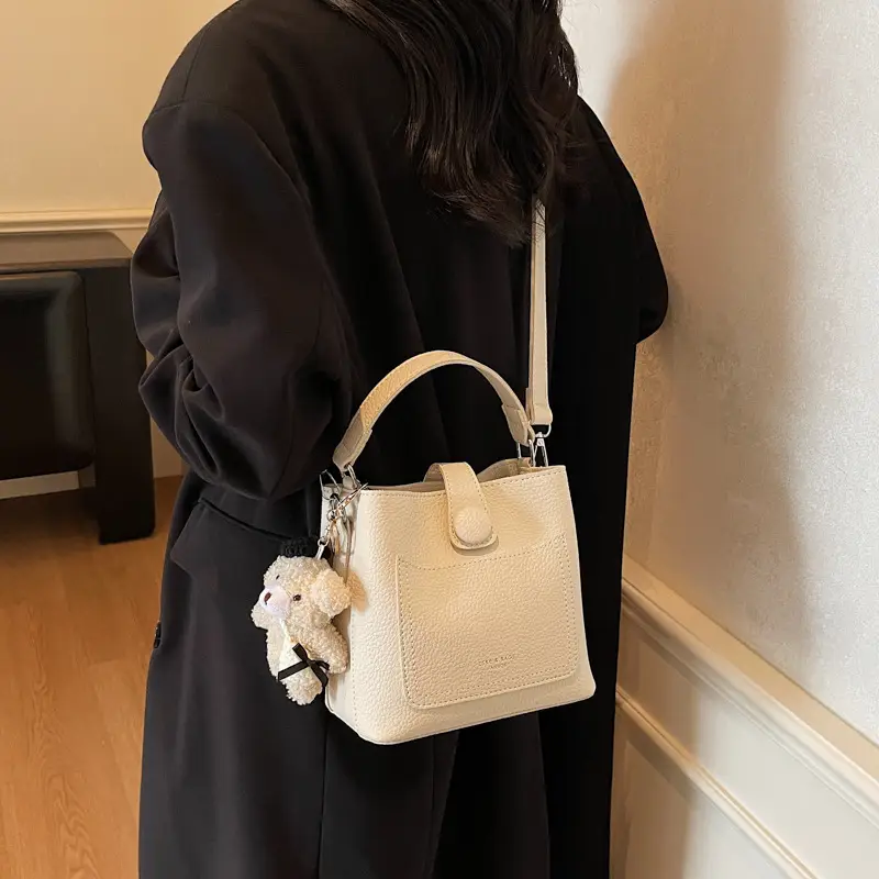 Women's Brown Leather Crossbody Bag with Teddy Bear Keychain - Image 6