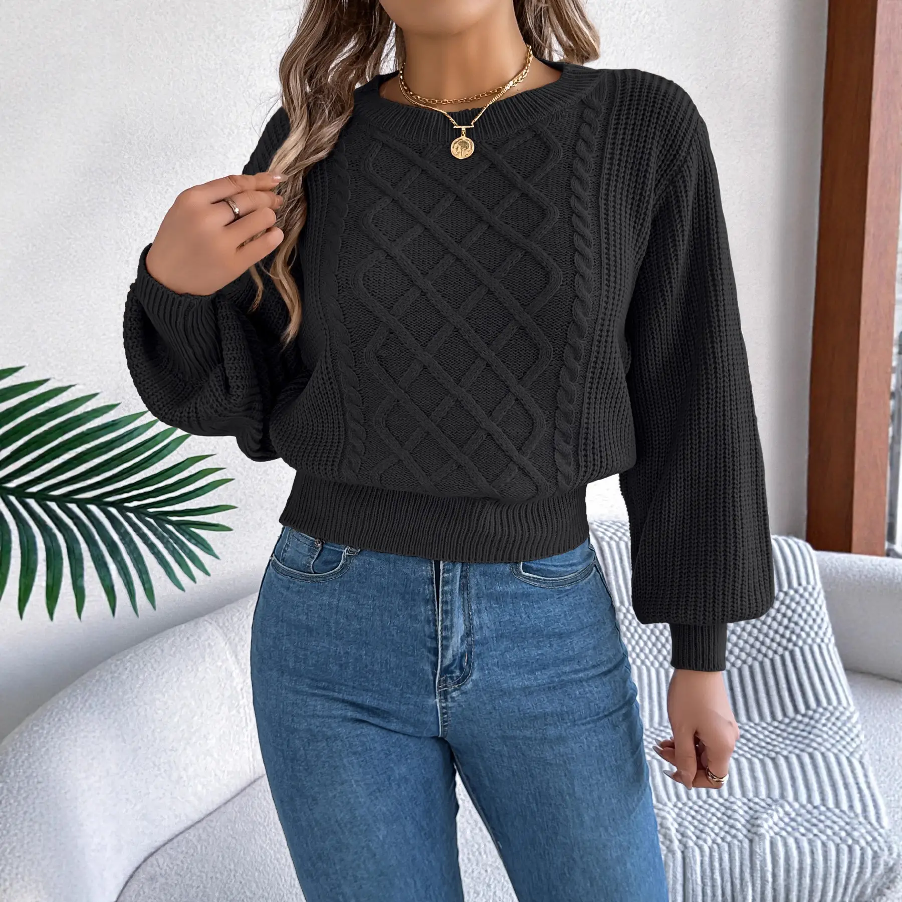 Yellow Knitted Twist Pullover Sweater for Women