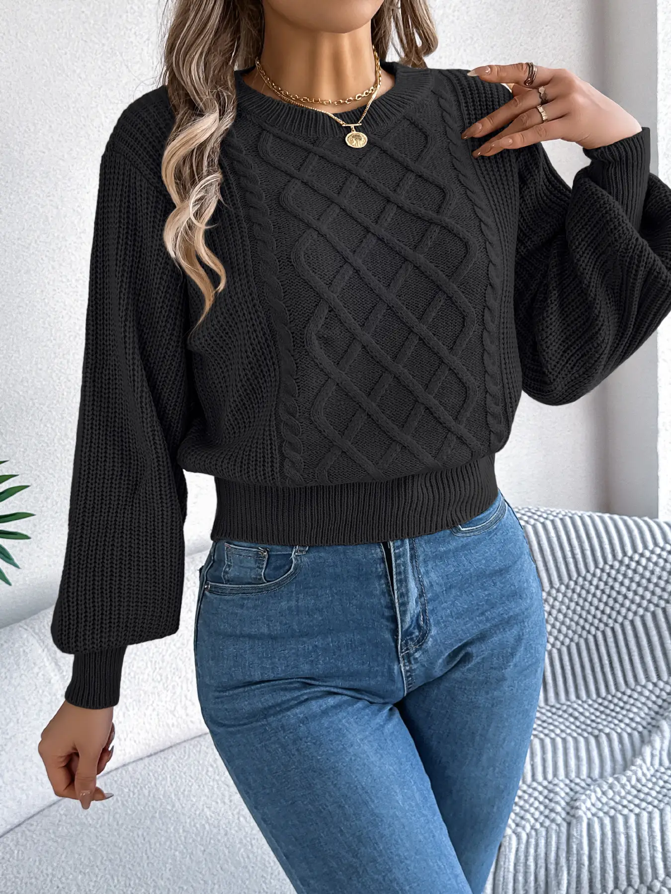 Yellow Knitted Twist Pullover Sweater for Women