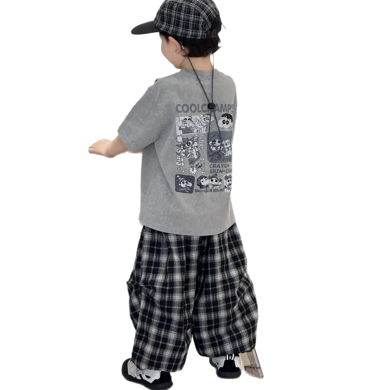 Boys Summer Suit Gray Printed Plaid Pants 2025