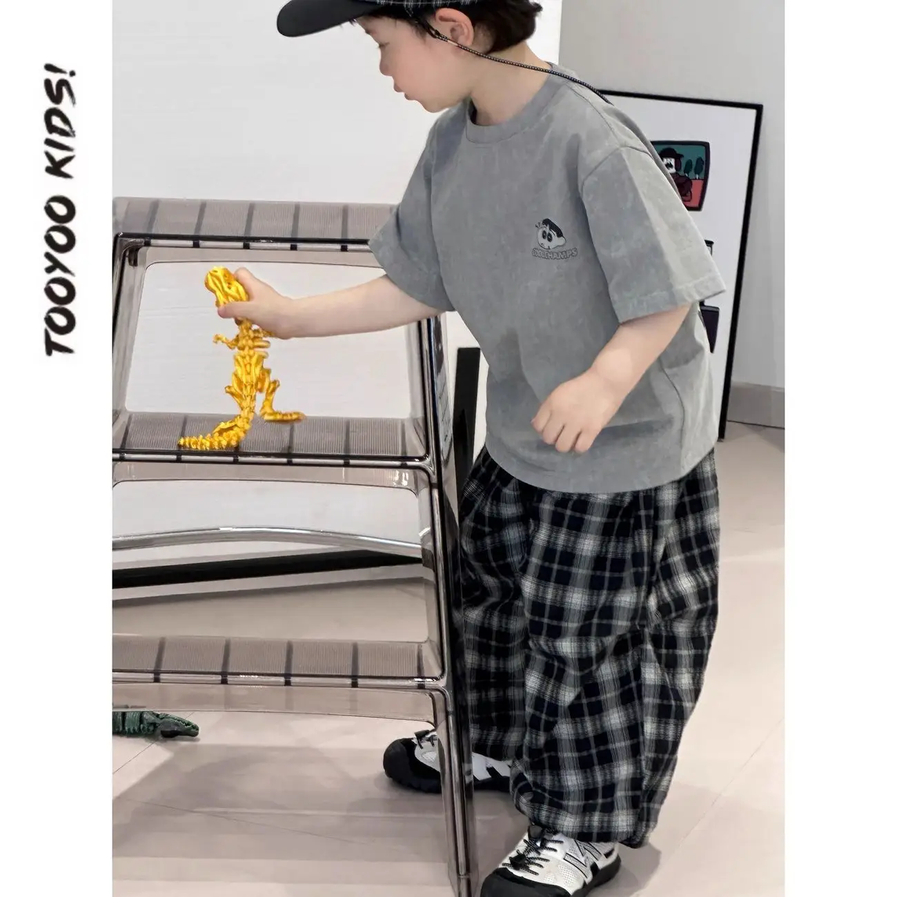 Boys Summer Suit Gray Printed Plaid Pants 2025 — feature 1