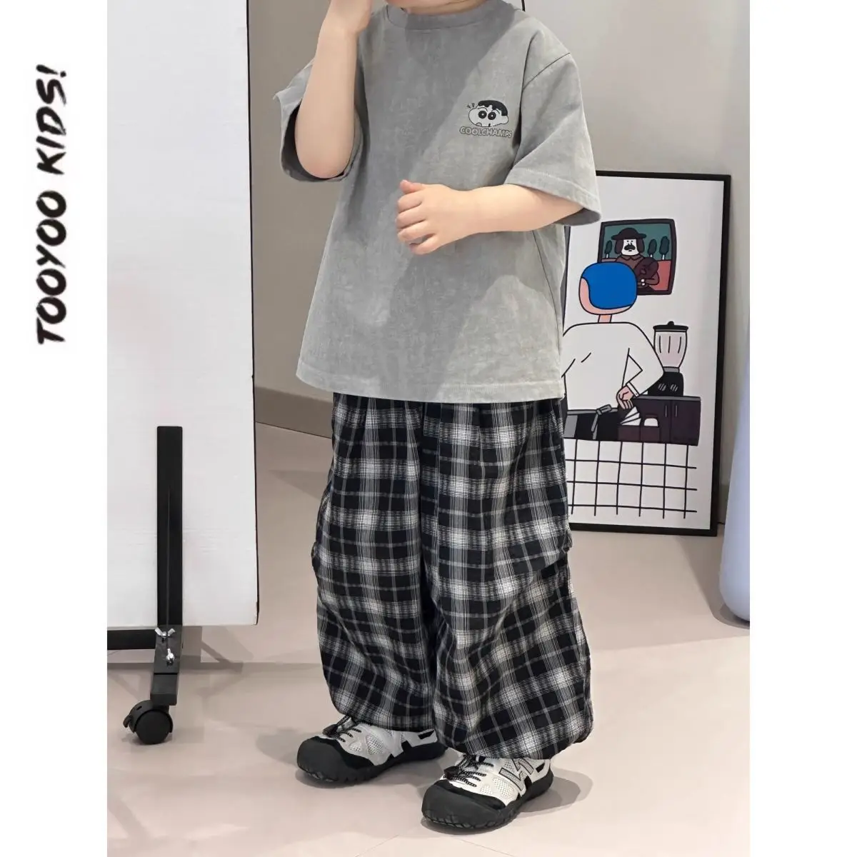 Boys Summer Suit Gray Printed Plaid Pants 2025 — feature 10