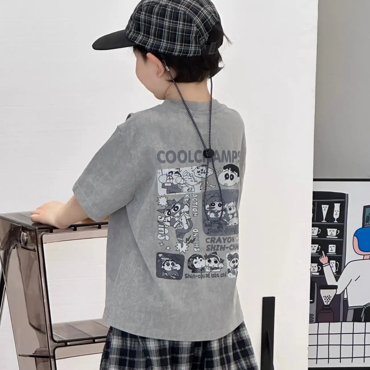 Boys Summer Suit Gray Printed Plaid Pants 2025 — feature 5