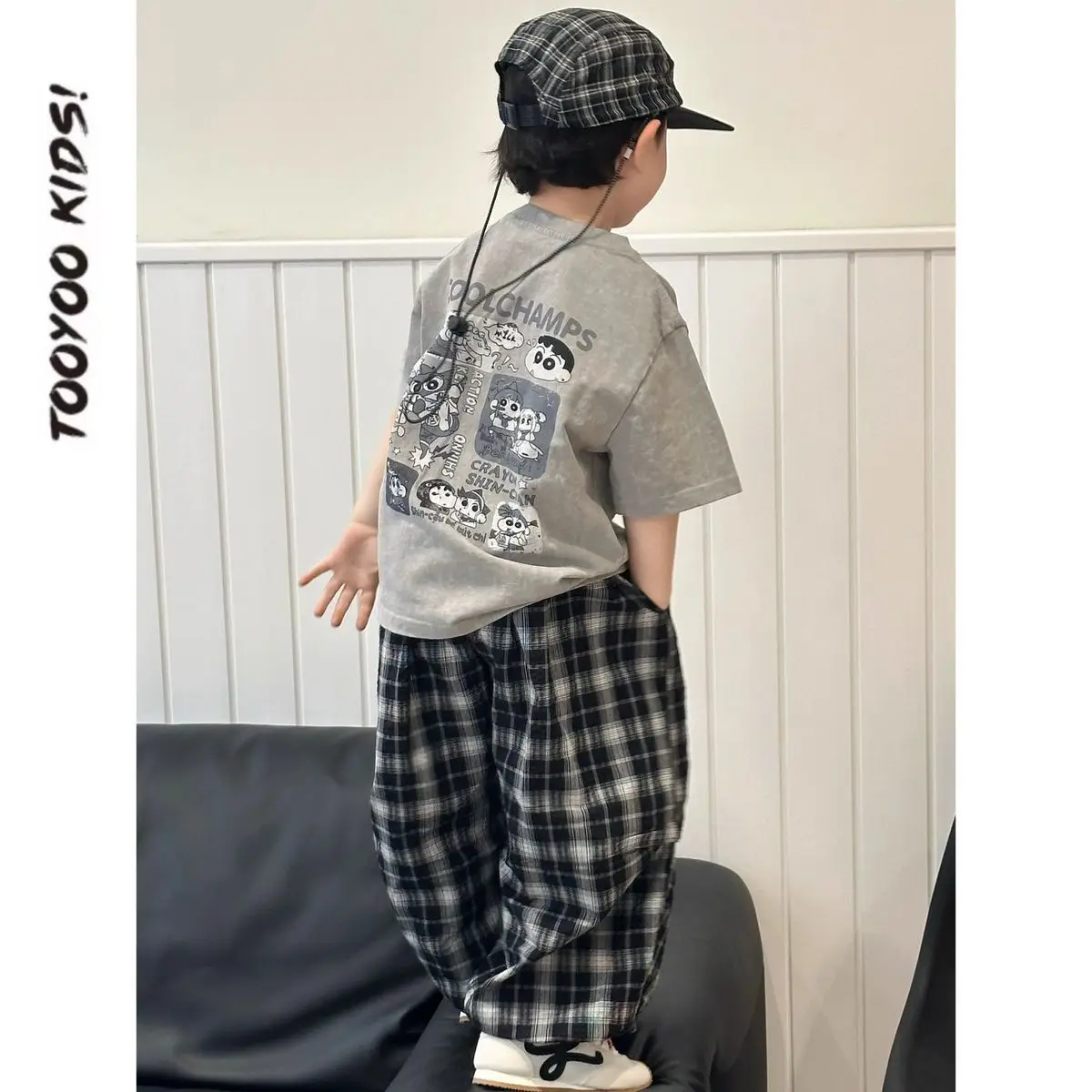 Boys Summer Suit Gray Printed Plaid Pants 2025 — feature 8