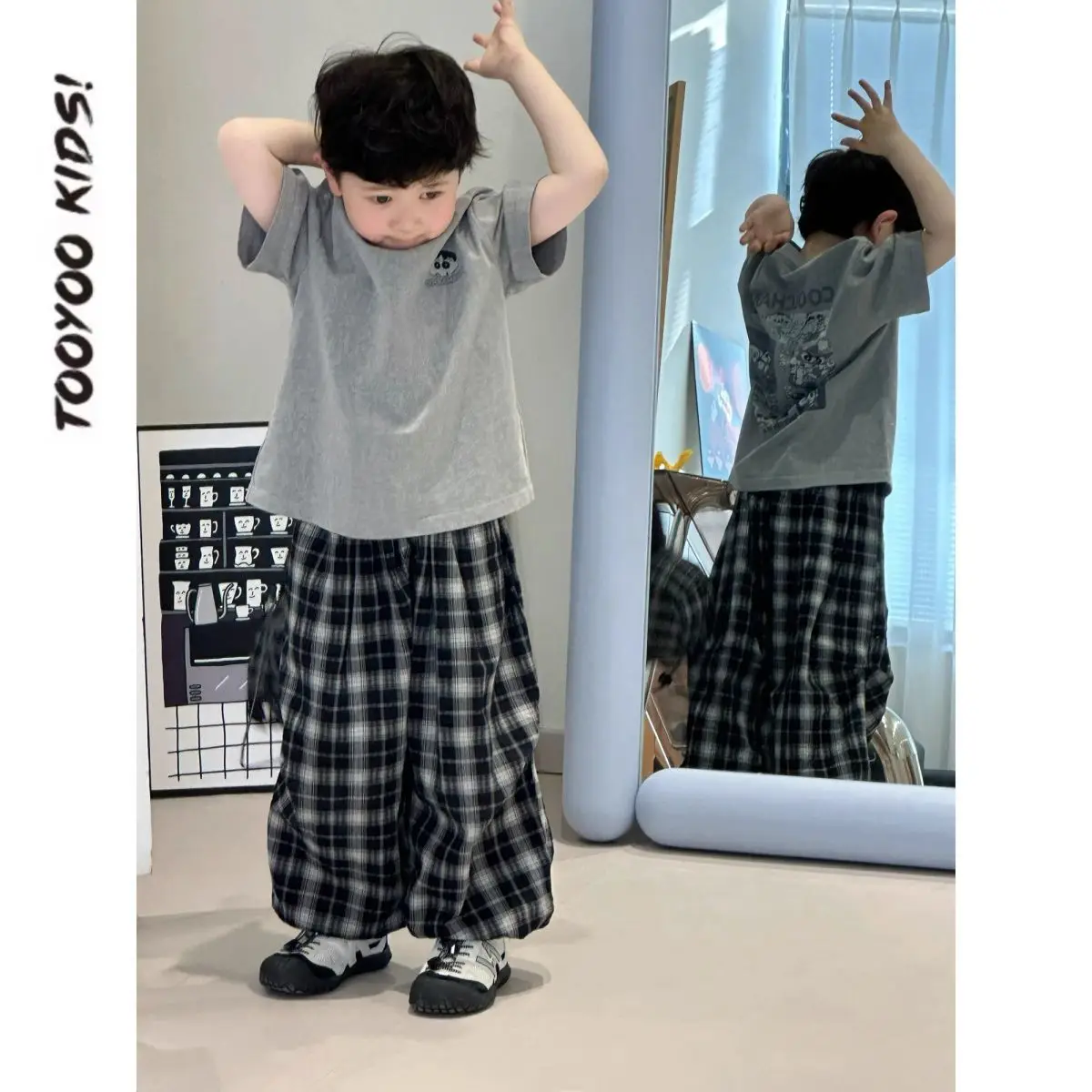 Boys Summer Suit Gray Printed Plaid Pants 2025 — feature 9