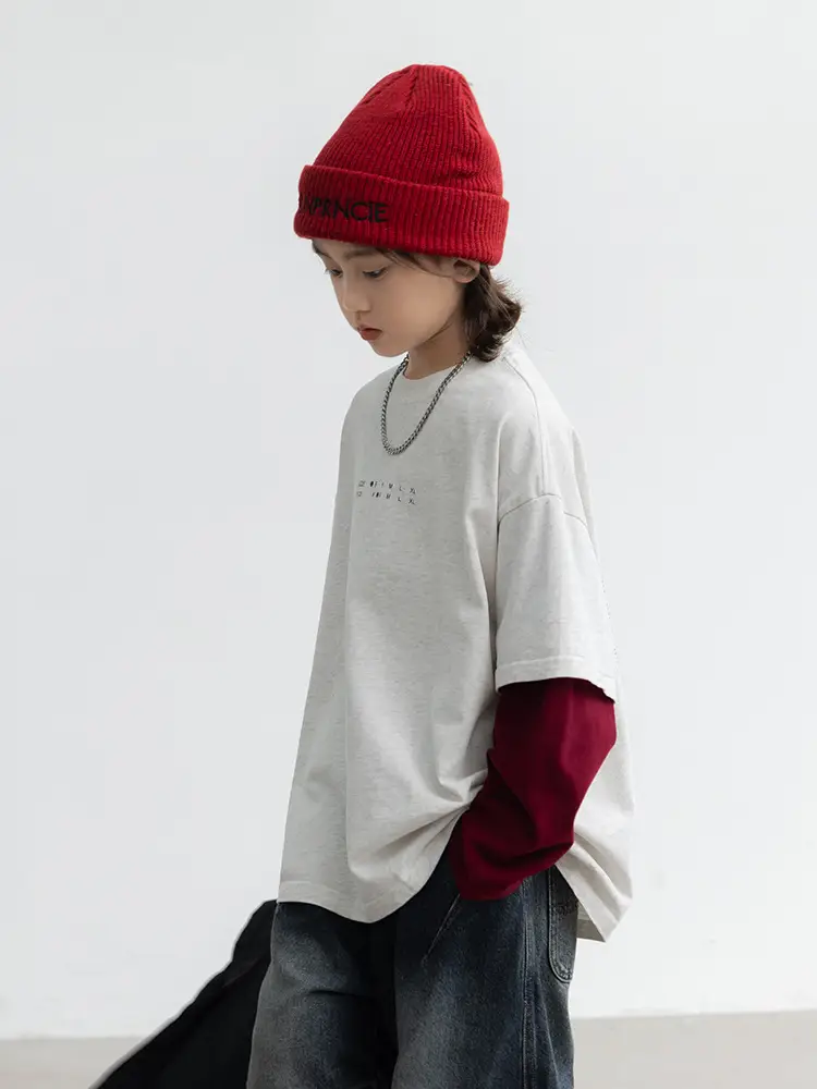 Boys Fake Two-Piece Long Sleeve T-Shirt White Red