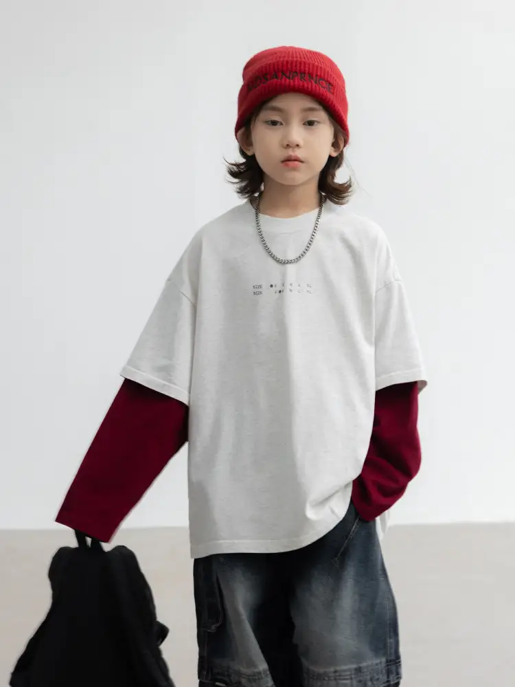Boys Fake Two-Piece Long Sleeve T-Shirt White Red