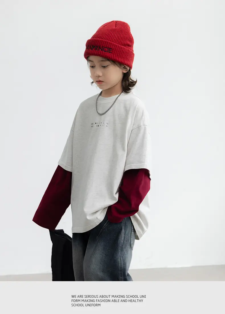Boys Fake Two-Piece Long Sleeve T-Shirt White Red — feature 10