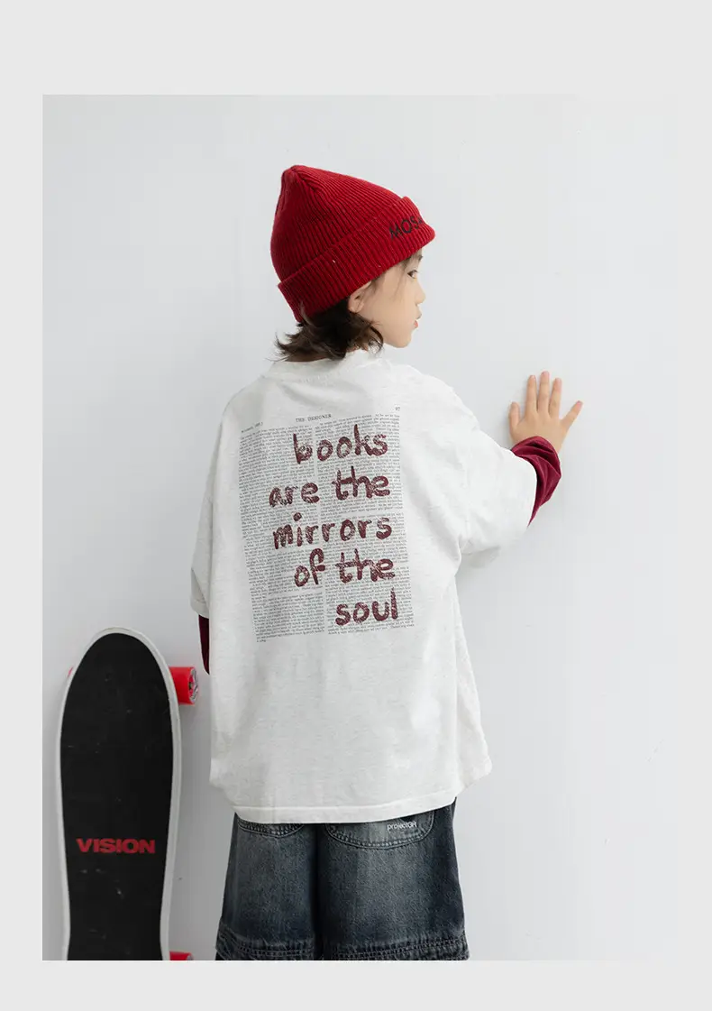 Boys Fake Two-Piece Long Sleeve T-Shirt White Red — feature 12