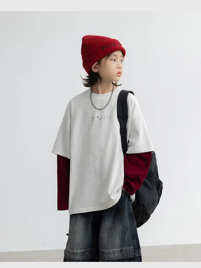Boys Fake Two-Piece Long Sleeve T-Shirt White Red — feature 14