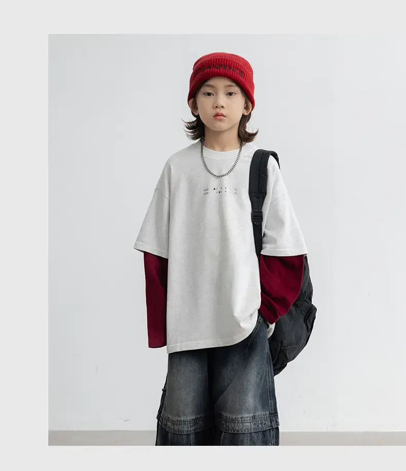Boys Fake Two-Piece Long Sleeve T-Shirt White Red — feature 16