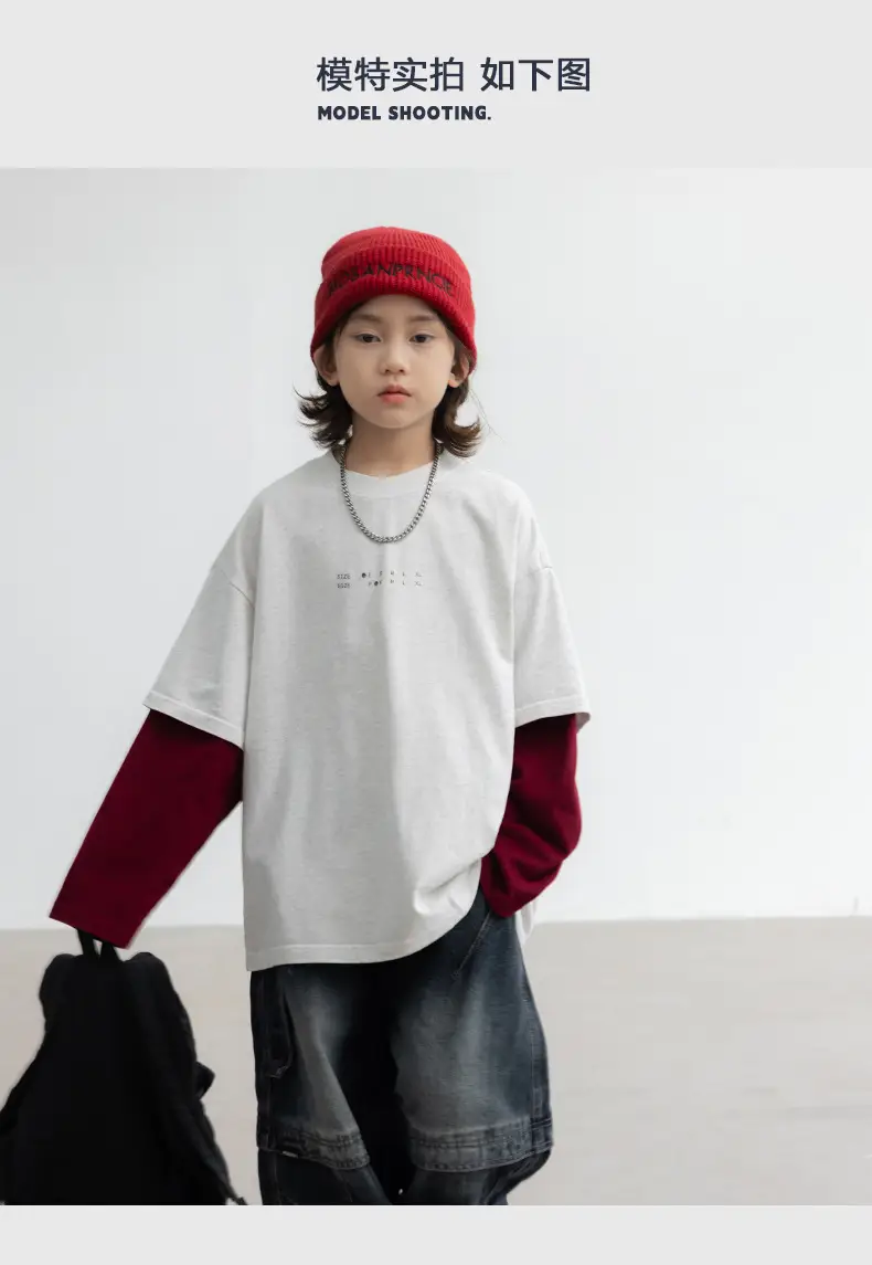 Boys Fake Two-Piece Long Sleeve T-Shirt White Red — feature 7