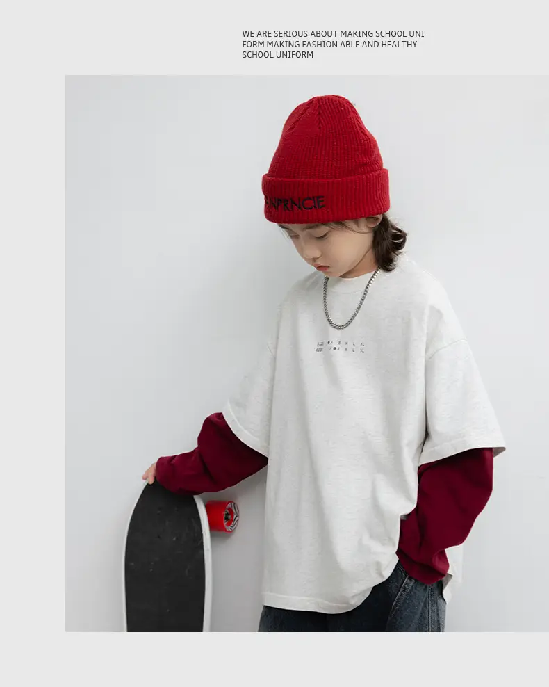 Boys Fake Two-Piece Long Sleeve T-Shirt White Red — feature 8