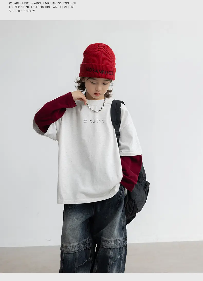 Boys Fake Two-Piece Long Sleeve T-Shirt White Red — feature 9