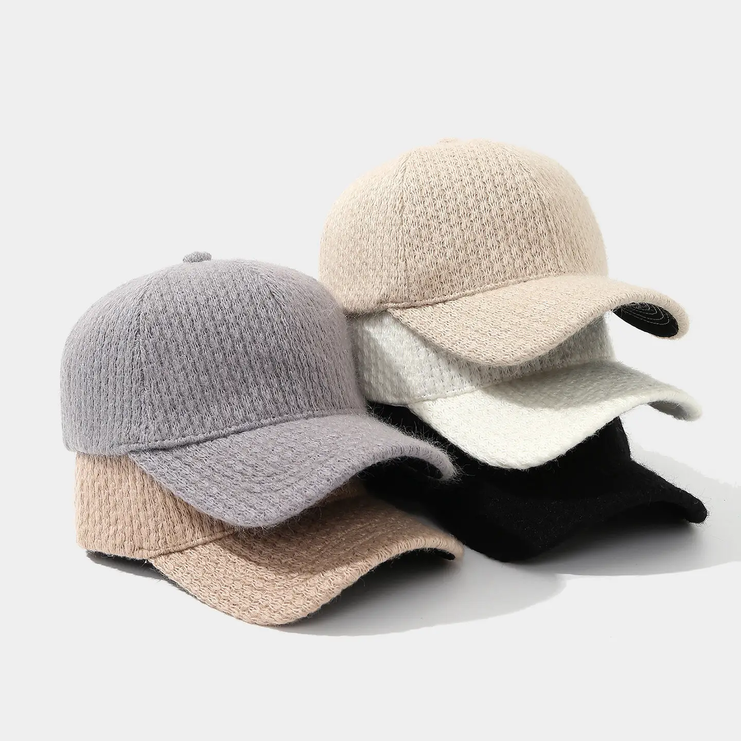 Autumn Winter Knitted Baseball Cap Solid Beige - Image 6