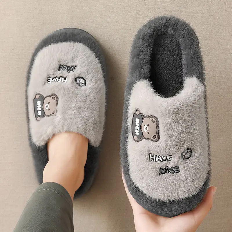 Winter Home Cotton Slippers for Women 2024 New Indoor Home Cartoon Bear Plush Warm Cotton Slippers for Women