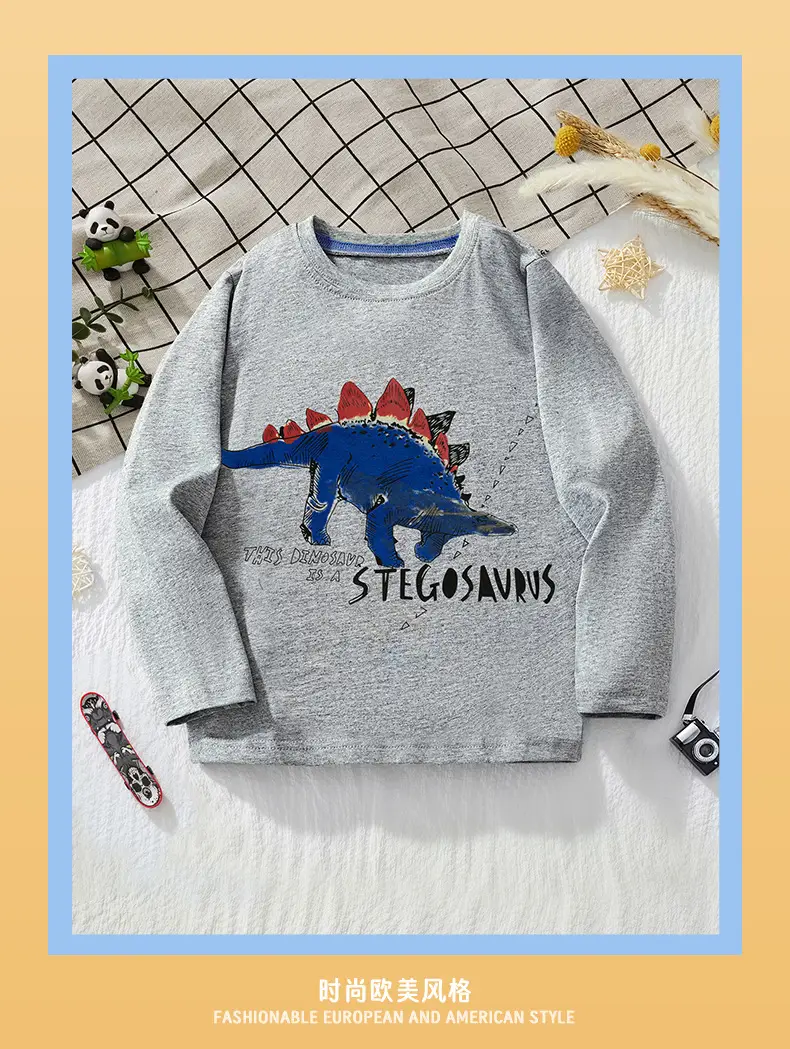 Kids Grey Dinosaur Print Long Sleeve T-Shirt — feature 3