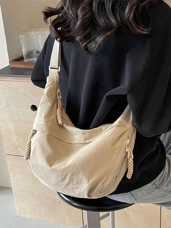 Women Crossbody Bag Large Capacity Beige Leather - Image 9