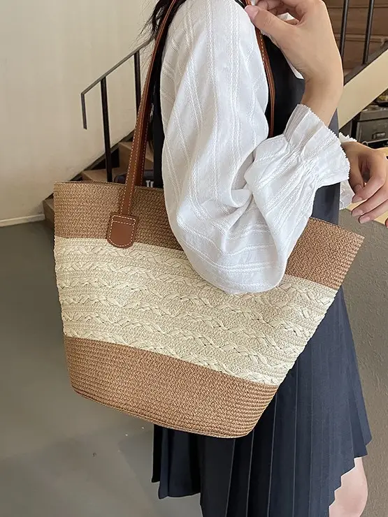 2026 Beach Bag Large Capacity Wide Strap Woven Tan - Image 5
