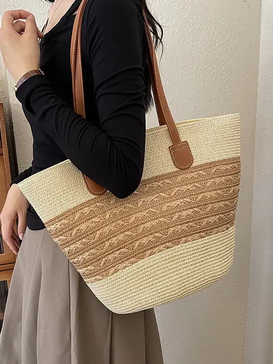 2026 Beach Bag Large Capacity Wide Strap Woven Tan - Image 6