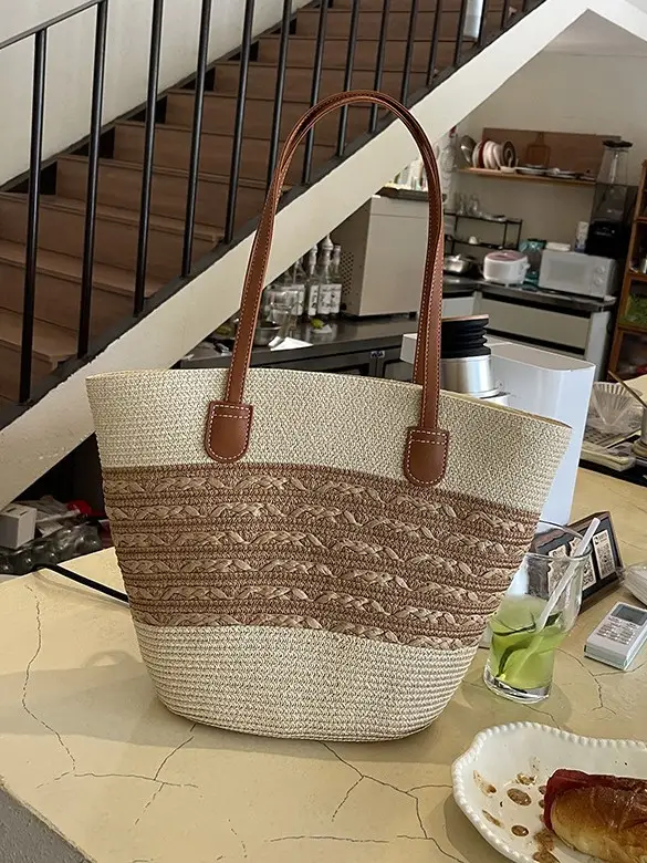 2026 Beach Bag Large Capacity Wide Strap Woven Tan - Image 7