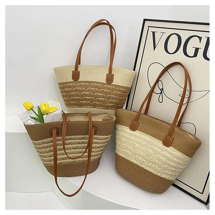 2026 Beach Bag Large Capacity Wide Strap Woven Tan — feature 1