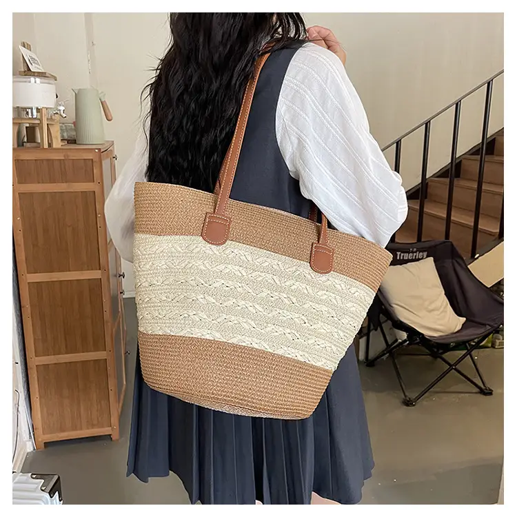 2026 Beach Bag Large Capacity Wide Strap Woven Tan — feature 11