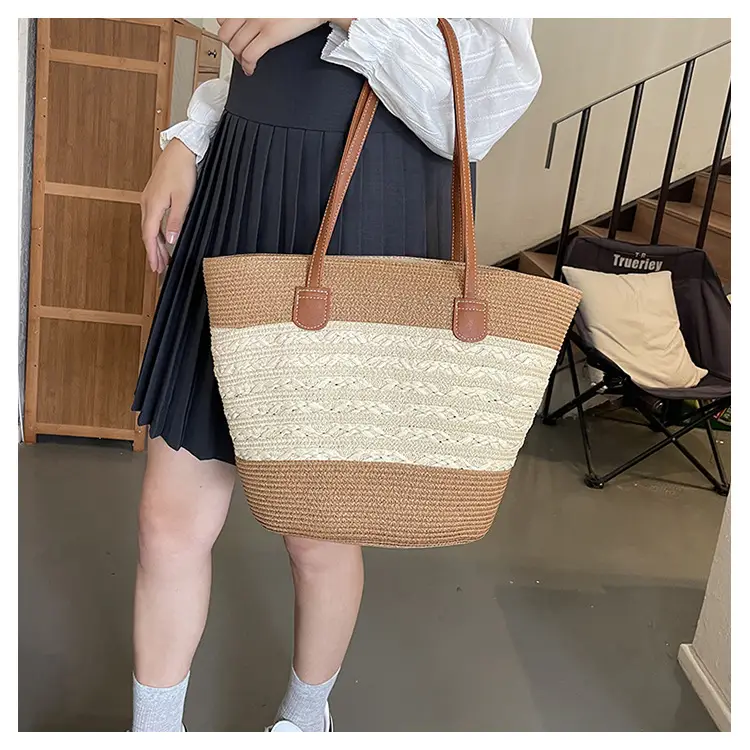 2026 Beach Bag Large Capacity Wide Strap Woven Tan — feature 12