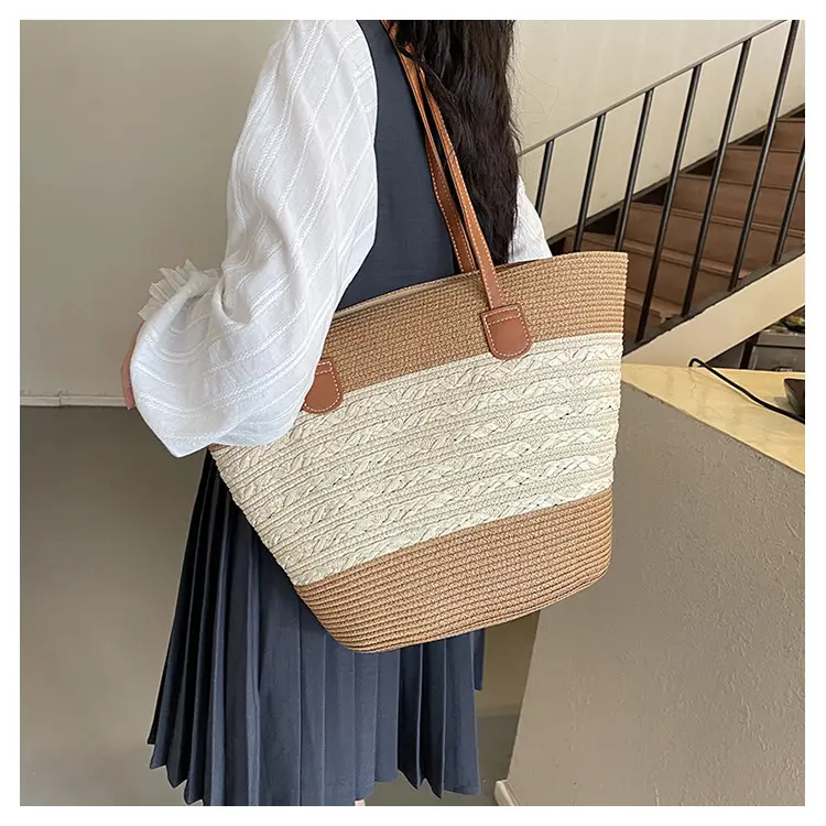 2026 Beach Bag Large Capacity Wide Strap Woven Tan — feature 13