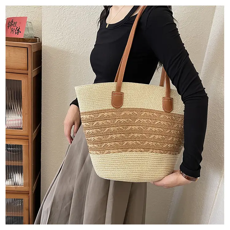 2026 Beach Bag Large Capacity Wide Strap Woven Tan — feature 14