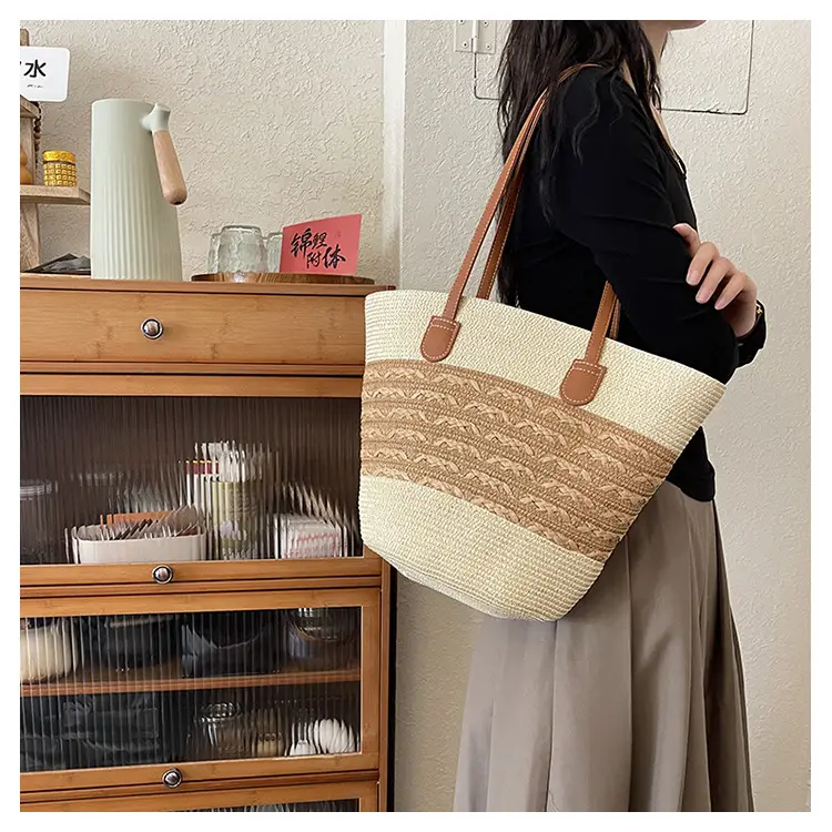 2026 Beach Bag Large Capacity Wide Strap Woven Tan — feature 15