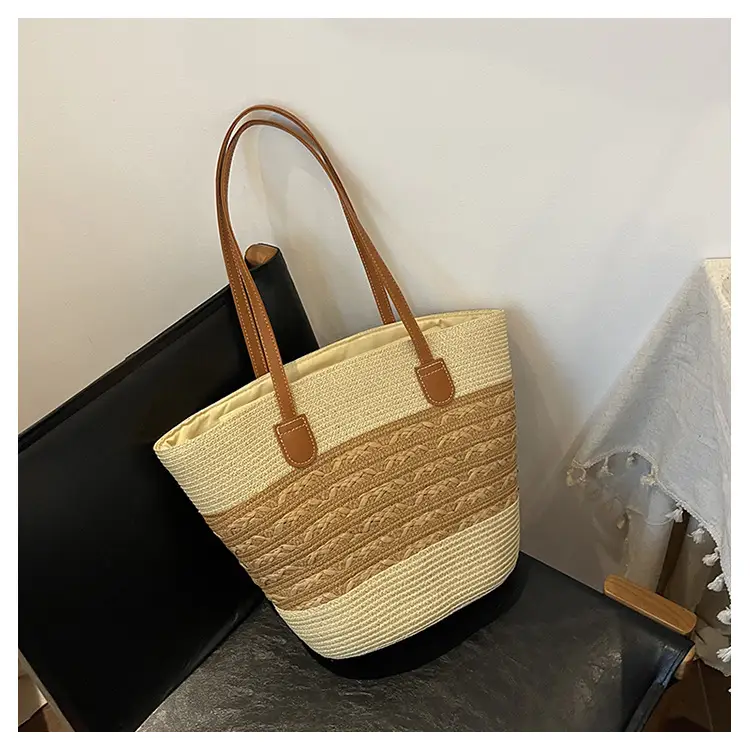 2026 Beach Bag Large Capacity Wide Strap Woven Tan — feature 17