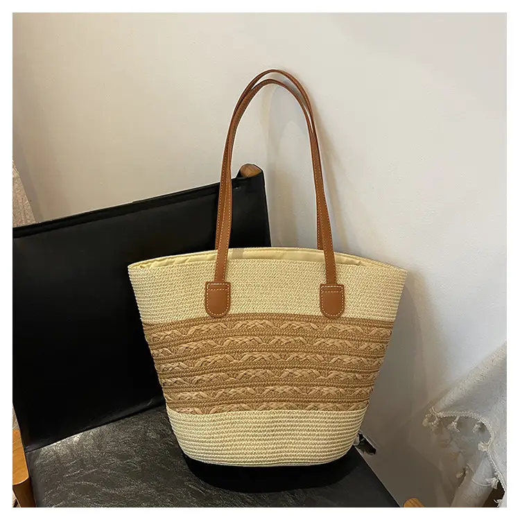 2026 Beach Bag Large Capacity Wide Strap Woven Tan — feature 18