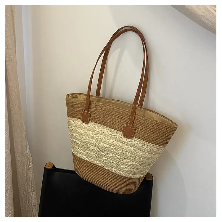 2026 Beach Bag Large Capacity Wide Strap Woven Tan — feature 20
