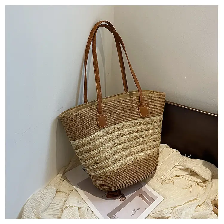 2026 Beach Bag Large Capacity Wide Strap Woven Tan — feature 21