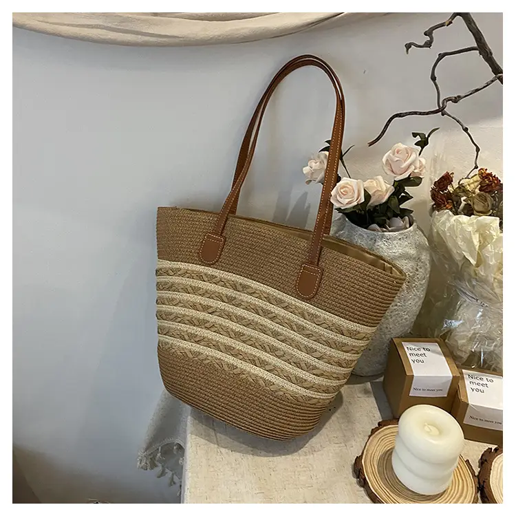 2026 Beach Bag Large Capacity Wide Strap Woven Tan — feature 22