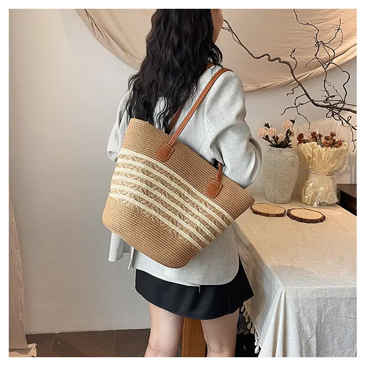 2026 Beach Bag Large Capacity Wide Strap Woven Tan — feature 8